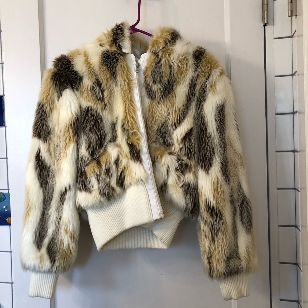 Satin lined faux fur zip up hooded jacket